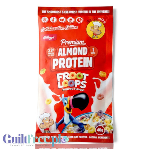 Guiltfree Macro Mike Almond Plant Protein Froot Loops 40g vegan almond protein powder in a red limited edition sachet.