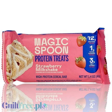 Guiltfree Magic Spoon baton proteinowy o smaku truskawkowego shake'a w różowym opakowaniu z grafiką płatków