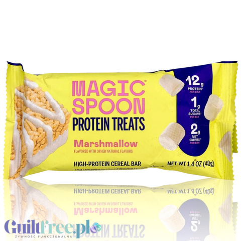 Batonik proteinowy Guiltfree Magic Spoon o smaku pianki marshmallow w żółtym opakowaniu z informacjami o wartościach