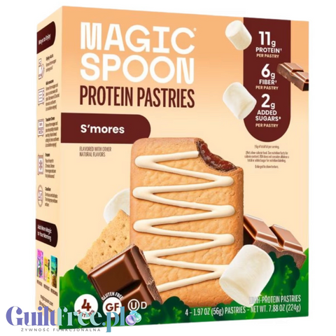 Opakowanie Guiltfree Magic Spoon Protein Pastries o smaku S'mores z widocznym ciastkiem z czekoladą i lukrem