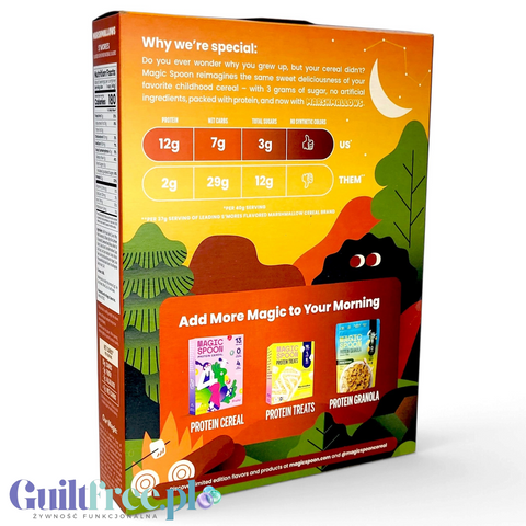Tył opakowania płatków proteinowych Guiltfree Magic Spoon S'mores z informacjami o wartościach odżywczych i grafiką