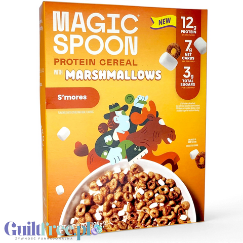 Pudełko Guiltfree Magic Spoon Protein Cereal o smaku S'mores z kakaowymi płatkami i piankami marshmallow