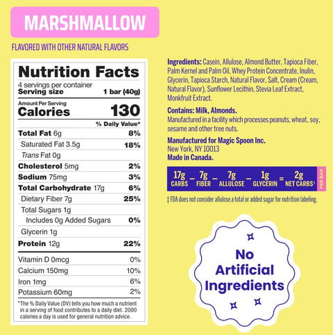 Tabela wartości odżywczych Guiltfree Magic Spoon Protein Treat Marshmallow z informacją o 12g białka i 130 kcal