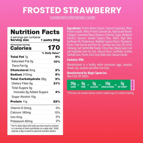 Tabela wartości odżywczych Magic Spoon Protein Pastry Frosted Strawberry z informacją o 11g białka i 170 kcal