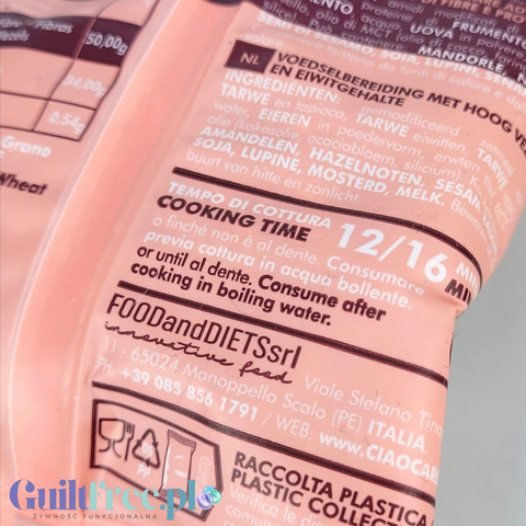 Zbliżenie na tył opakowania makaronu Guiltfree Ciao Carb Keto One Fusilli z informacjami o czasie gotowania
