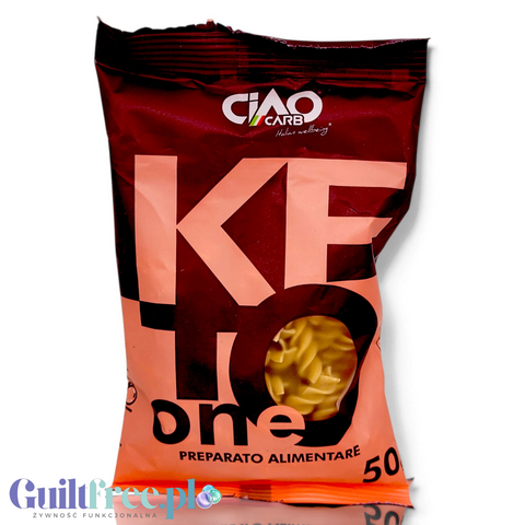 Opakowanie makaronu Guiltfree Ciao Carb Keto One Fusilli 50g, niskowęglowodanowe świderki z wysoką zawartością białka