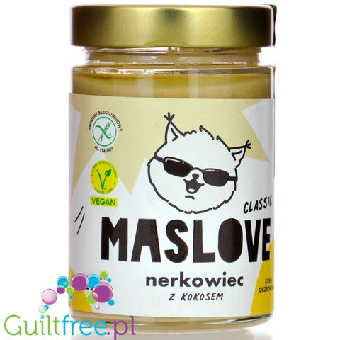 Słoik Guiltfree Maslove z kremem z nerkowców i kokosa, bezglutenowy i wegański produkt w szklanym opakowaniu