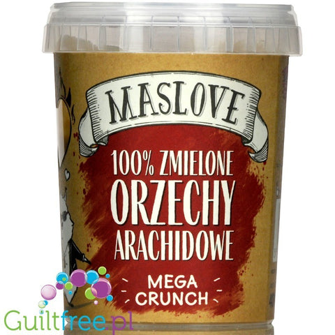 Słoik masła orzechowego Maslove Extra Crunch 400g z Guiltfree, widoczne napisy o 100% orzechach arachidowych.