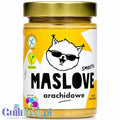 Guiltfree Maslove gładkie masło orzechowe arachidowe 100% w szklanym słoiku z etykietą z kotem w okularach
