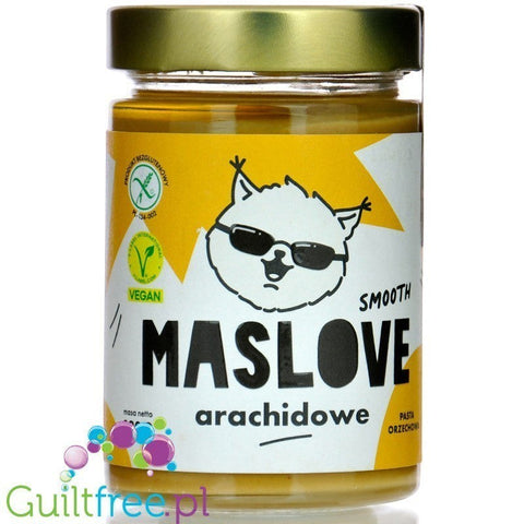 Guiltfree Maslove gładkie masło orzechowe 100% arachidów w szklanym słoiku z etykietą z kotem w okularach