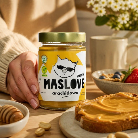 Guiltfree Maslove gładkie masło orzechowe w szklanym słoiku na stole z kromką chleba i owocami