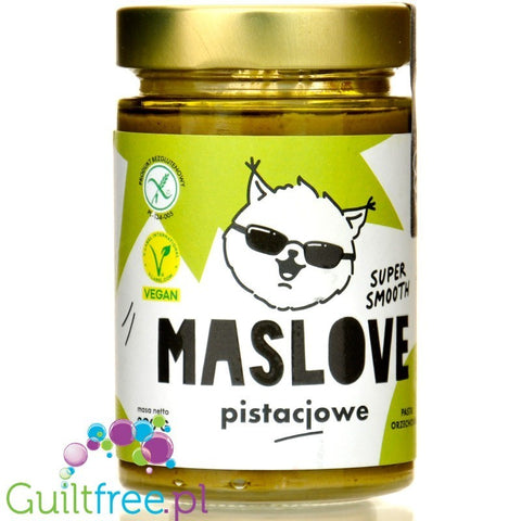 Guiltfree Maslove Pistacjowe Super Smooth, wegańska pasta z prażonych pistacji w szklanym słoiku 290g