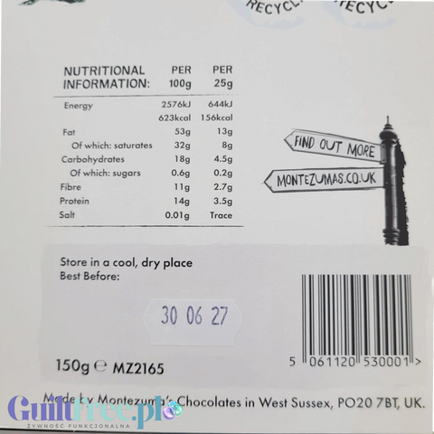 Tabela wartości odżywczych na opakowaniu wegańskiego kalendarza adwentowego Guiltfree Montezuma's Absolute Black.