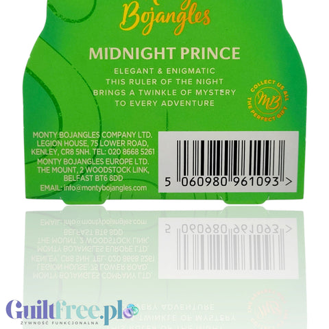 Guiltfree Monty Bojangles Midnight Prince etykieta z kodem kreskowym na zielonym tle puszki z wegańskimi truflami
