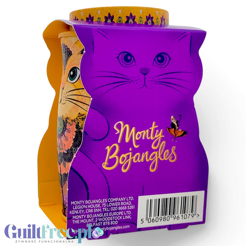 Kolekcjonerska metalowa puszka Guiltfree Monty Bojangles w kształcie fioletowego kota z ozdobnymi wzorami