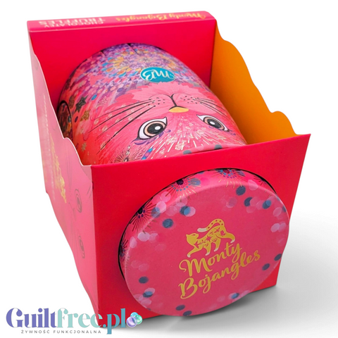 Kolekcjonerska puszka Guiltfree Monty Bojangles Berry Bubbly z malinowymi truflami w różowym, zdobionym opakowaniu.