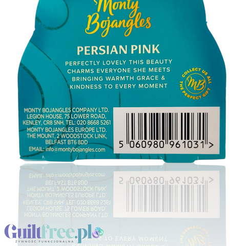 Guiltfree Monty Bojangles Pink Persian czekoladowe trufle w puszce, zbliżenie na etykietę z kodem kreskowym