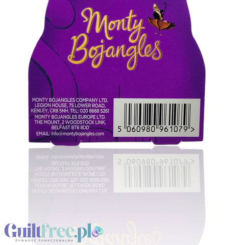 Spód fioletowej puszki Monty Bojangles z kodem kreskowym i informacjami producenta w sklepie Guiltfree