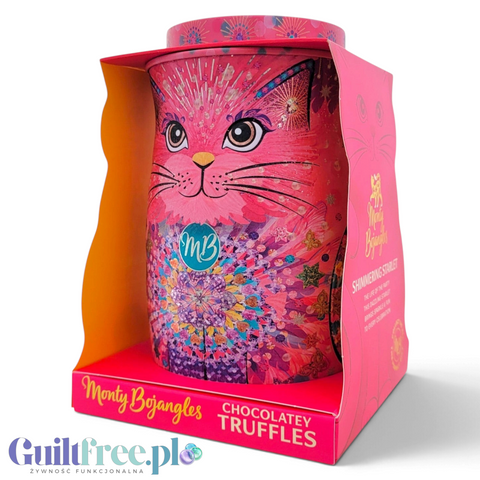 Kolekcjonerska puszka Guiltfree Monty Bojangles z truflami Berry Bubbly w kształcie różowego kota z kolorowym wzorem.