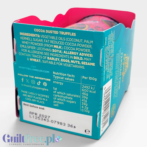 Guiltfree Monty Bojangles Choccy Scoffy Pink Persian, tył turkusowej puszki z informacjami o składzie i wartościach