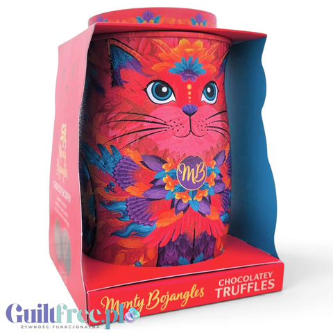 Guiltfree Monty Bojangles Sunset Samba: kolorowa metalowa puszka w kształcie kota z kakaowymi truflami Choccy Scoffy