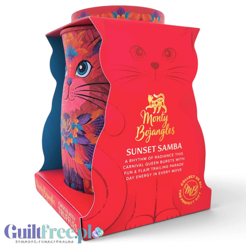 Guiltfree Monty Bojangles Sunset Samba: kolorowa puszka z truflami Choccy Scoffy w kształcie karnawałowego kota