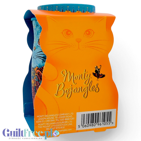 Guiltfree Monty Bojangles Coconut Crush trufle kakaowe w ozdobnej puszce z motywem kota w pomarańczowym opakowaniu