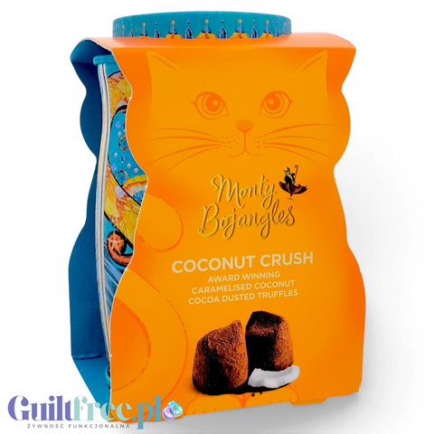 Guiltfree Monty Bojangles Coconut Crush: trufle kakaowe z karmelizowanym kokosem w ozdobnej pomarańczowej puszce z kotem