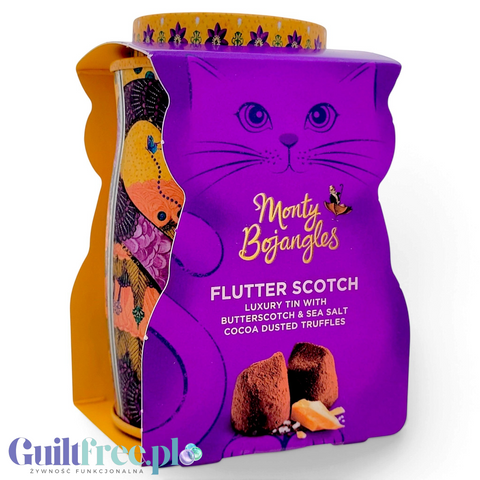 Guiltfree Monty Bojangles Flutter Scotch trufle w fioletowej kolekcjonerskiej puszce w kształcie kota ze złotem