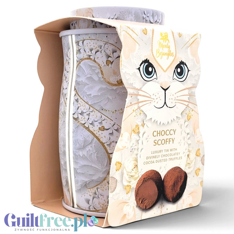 Guiltfree Monty Bojangles White Rose puszka z truflami Choccy Scoffy w odcieniach bieli, beżu i złota z motywem kota