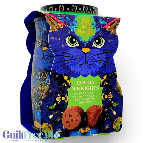 Wegańskie trufle Guiltfree Monty Bojangles Cocoa Nib Nights w ozdobnej metalowej puszce z ilustracją granatowego kota