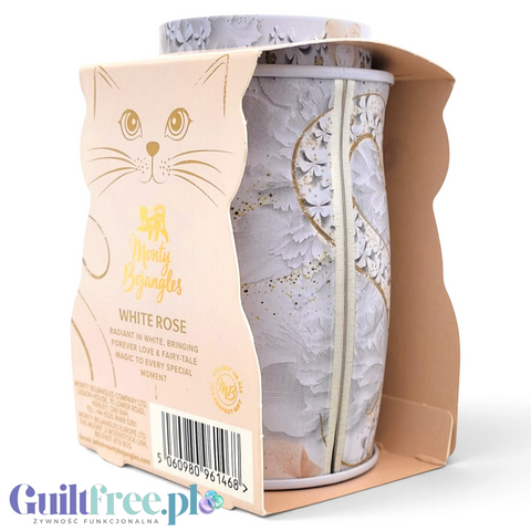 Guiltfree Monty Bojangles White Rose to elegancka metalowa puszka w kształcie kota z romantycznym motywem róż i złota