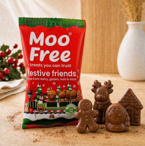 Guiltfree Moo Free Festive Friends, wegańskie czekoladowe figurki świąteczne bez mleka, glutenu i orzechów w opakowaniu