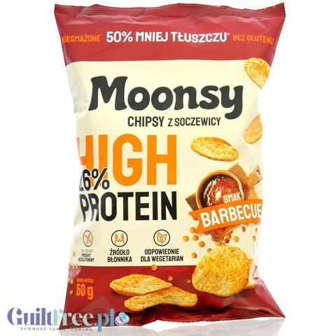 Opakowanie Guiltfree Moonsy chipsy z soczewicy o smaku barbecue z 26% zawartością białka i 50% mniejszą ilością tłuszczu