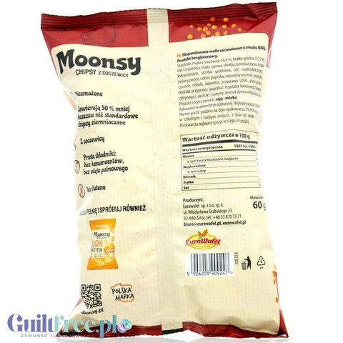Tył opakowania chipsów z soczewicy Guiltfree Moonsy High Protein o smaku barbecue z informacjami o składzie