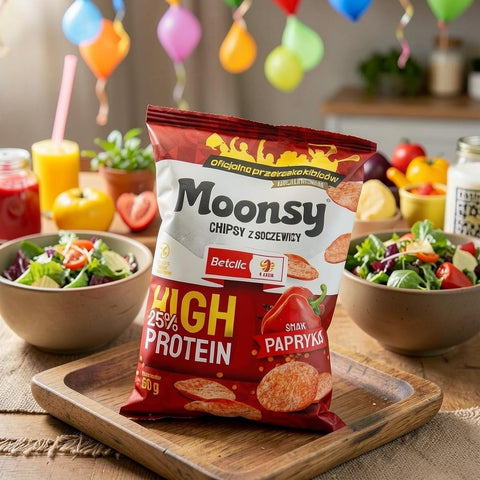 Guiltfree Moonsy chipsy z soczewicy o smaku papryki, wysokobiałkowa przekąska bez glutenu w czerwonym opakowaniu.