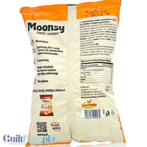 Tył opakowania Guiltfree Moonsy chipsy z soczewicy o smaku cheddar z tabelą wartości odżywczych i składem