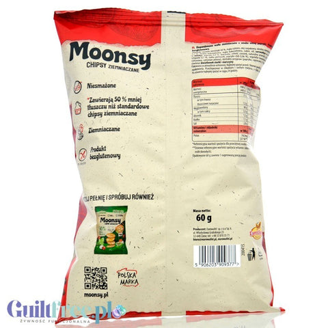 Tył opakowania chipsów Guiltfree Moonsy o smaku ostrej papryki z informacjami o składzie i 50% mniejszej zawartości tłuszczu