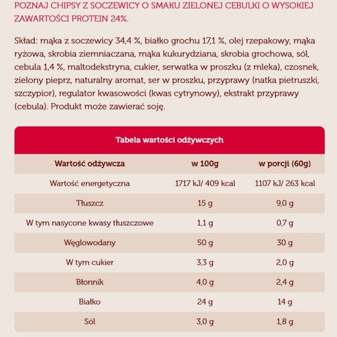 Tabela wartości odżywczych Guiltfree Moonsy chipsów z soczewicy o smaku zielonej cebulki z 24% zawartością białka
