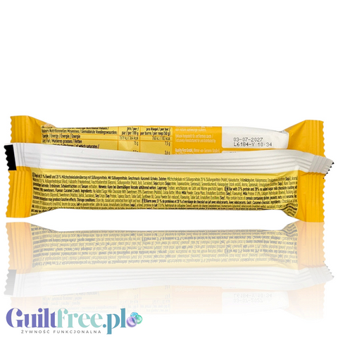 Baton proteinowy Guiltfree More Nutrition Caramel Crunch w żółtym opakowaniu z informacjami o wartościach odżywczych