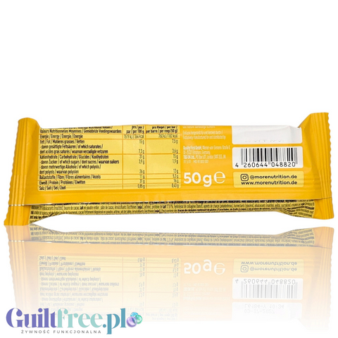 Tył opakowania batona proteinowego Guiltfree More Nutrition Caramel Crunch z tabelą wartości odżywczych i składem