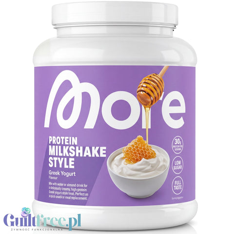 Guiltfree More Nutrition Total Protein o smaku greckiego jogurtu w białym opakowaniu z fioletową etykietą