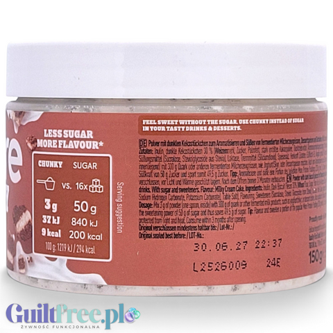 Guiltfree More Nutrition Chunky Flavor Milky Cream Cake w proszku, opakowanie z informacjami o wartościach odżywczych