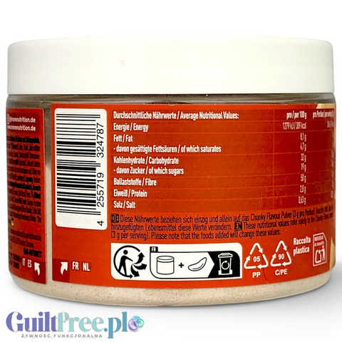 Etykieta Guiltfree More Nutrition Chunky Flavor z tabelą wartości odżywczych i kodem kreskowym na słoiczku.