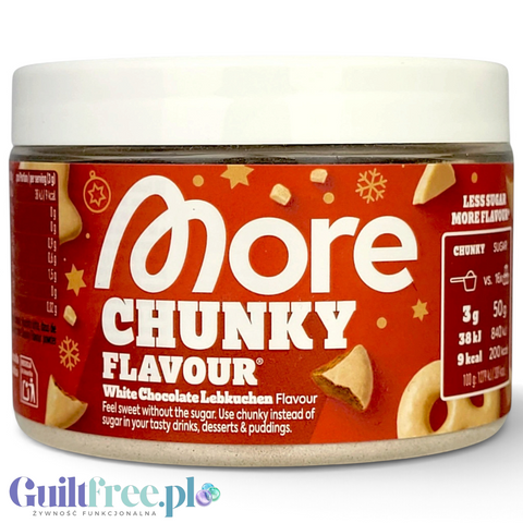 Słoiczek Guiltfree More Nutrition Chunky Flavor o smaku piernika w białej czekoladzie z motywami świątecznymi.