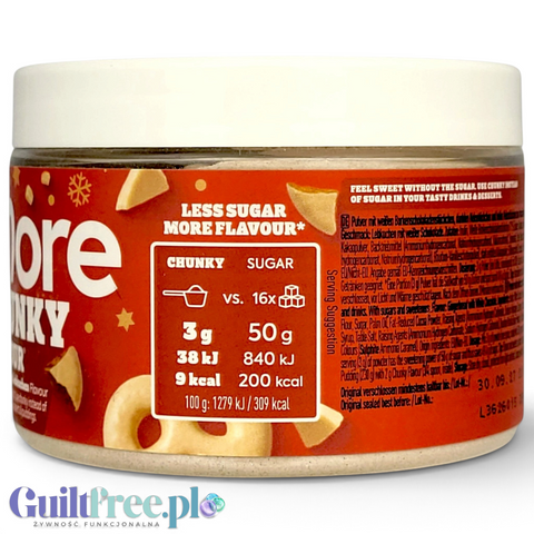Słoiczek Guiltfree More Nutrition Chunky Flavor o smaku piernika z białą czekoladą z widoczną tabelą wartości odżywczych