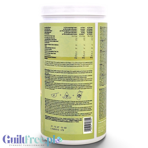 Opakowanie Guiltfree More Nutrition Protein Iced Matcha Latte Mango Dream z tabelą wartości odżywczych i instrukcją