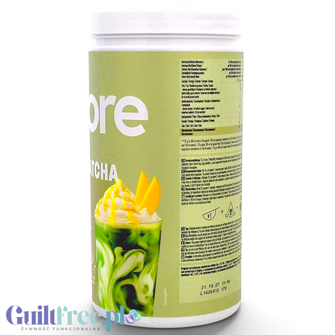 Opakowanie Guiltfree More Nutrition Protein Iced Matcha Latte Mango Dream 500g z grafiką zielonego napoju z mango.
