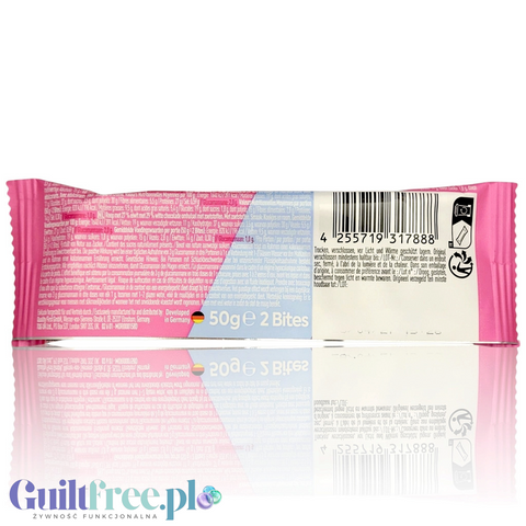 Tył opakowania batonów proteinowych Guiltfree More Nutrition SatisBites Cookies & Cream z informacjami o składzie