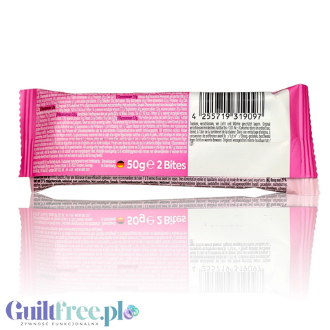 Tył opakowania batonów proteinowych Guiltfree More Nutrition SatisBites o smaku sernika malinowego z czekoladą ruby.